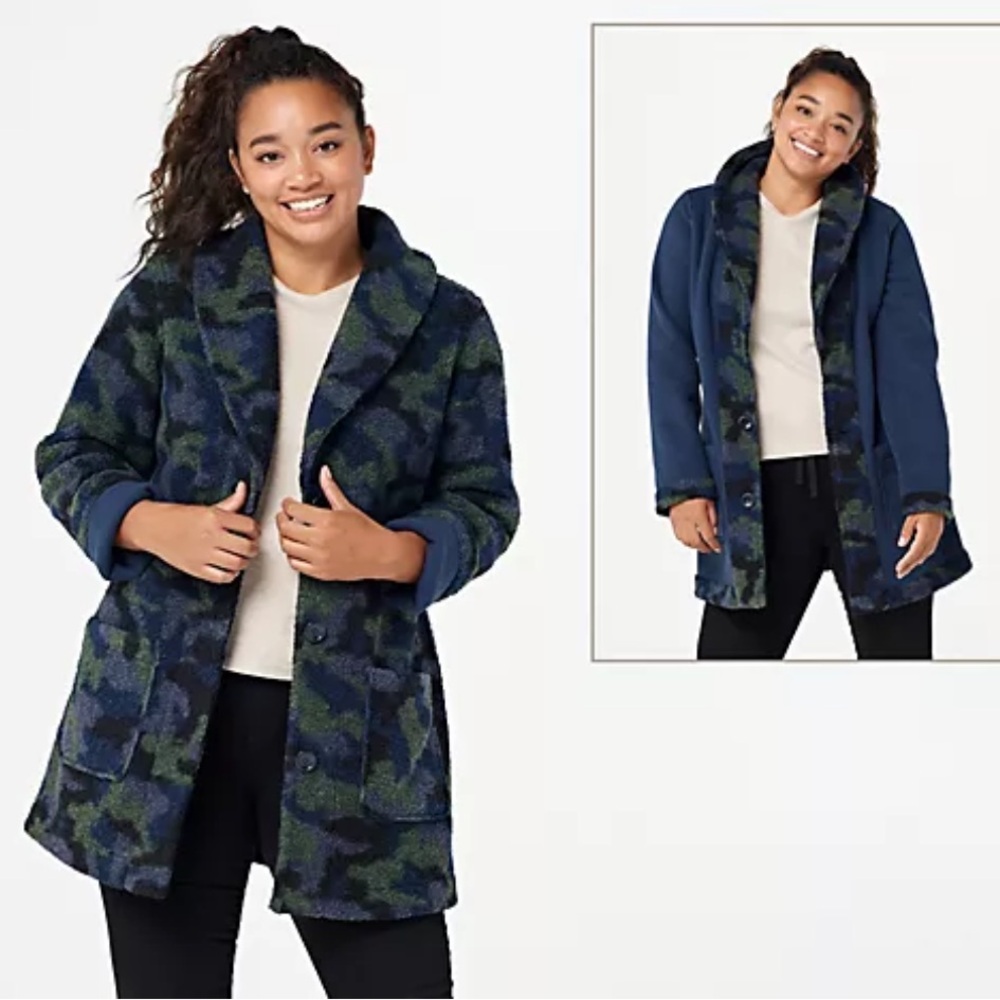 Susan Graver Weekend Reversible Sherpa & Polar Fleece Coat Size 1X army camo